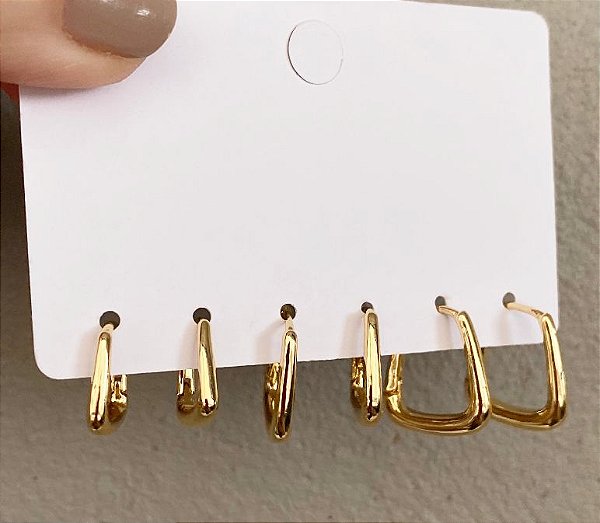 Kit 3 Brincos Argola Quadrada Dourado/Prata