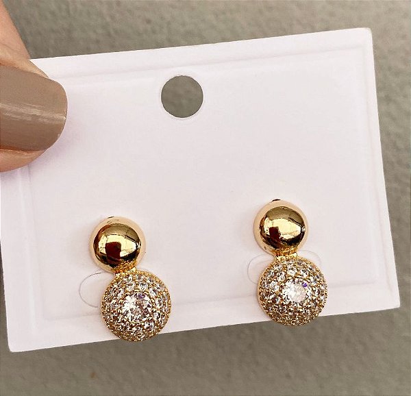 Brincos 2 Bolinhas Cravejado Dourado/Prata