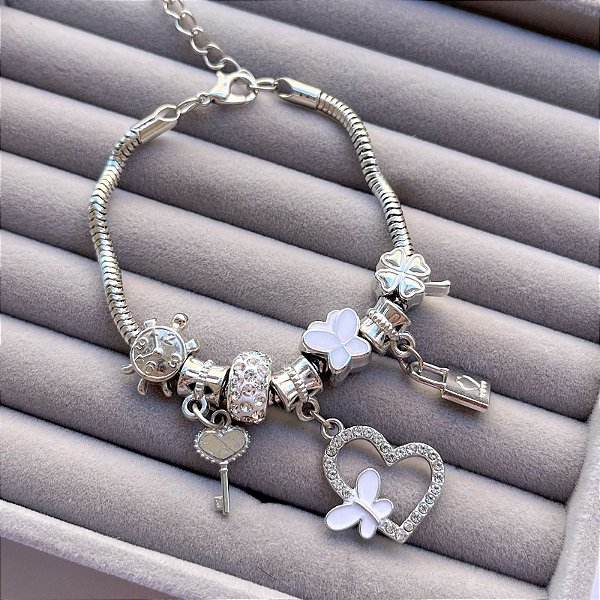 Pulseira Berloques Prata Coração