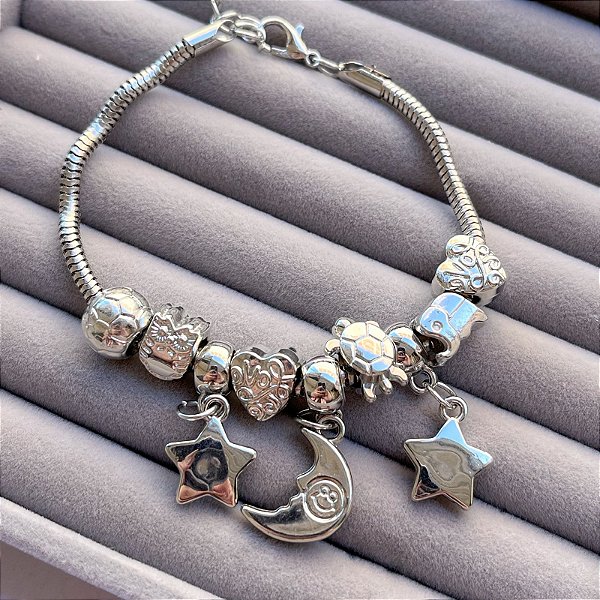 Pulseira Berloques Prata Lua/Estrela