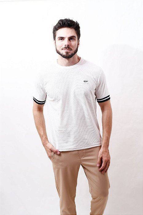 Camiseta Masculina Manga Curta Barra Tecido Canelado Moderno