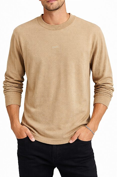 Camiseta manga longa adulto gola supreme tricot com bordado.