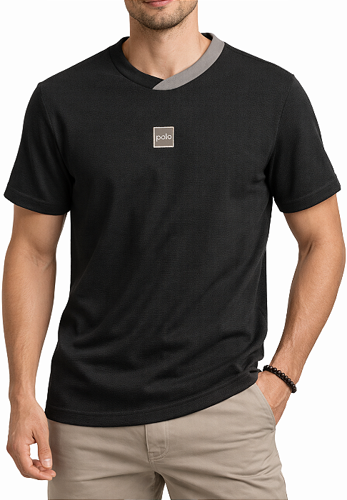 Camiseta Adulto Manga Curta Masculina Gola Ribana Duas Cores