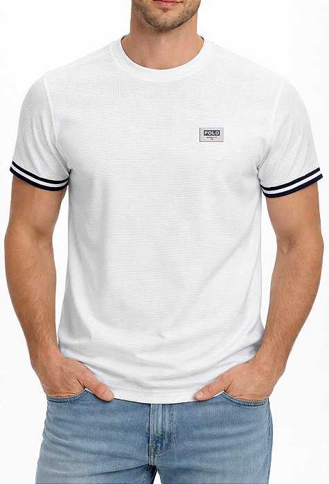 Camiseta Masculina Manga Curta Barra Tecido Canelado Moderno