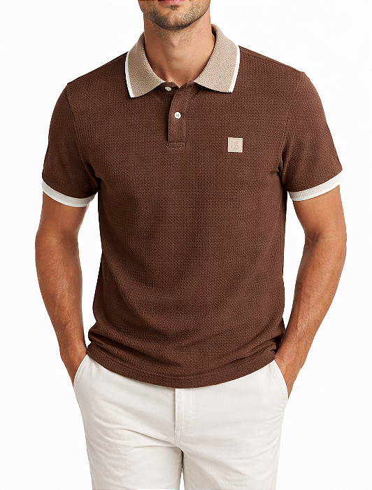 Camiseta Polo Adulto Malha Waffle Gola Diferenciada Xadrez