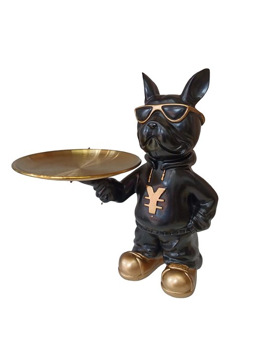 Escultura Resina 16,5x12x24,5cm Bulldog com Bandeja