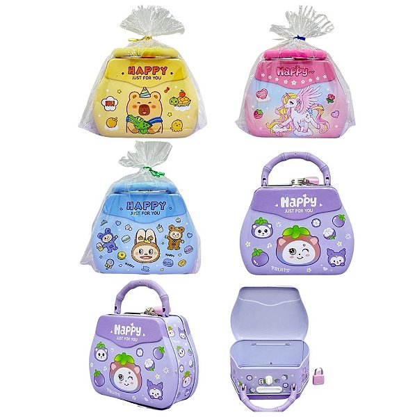 Cofrinho em Formato de Bolsa de Metal Happy com Estampas Infantis
