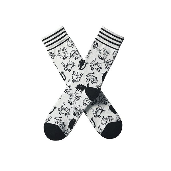 Meia Cano Médio Gatos - Preto e Branco
