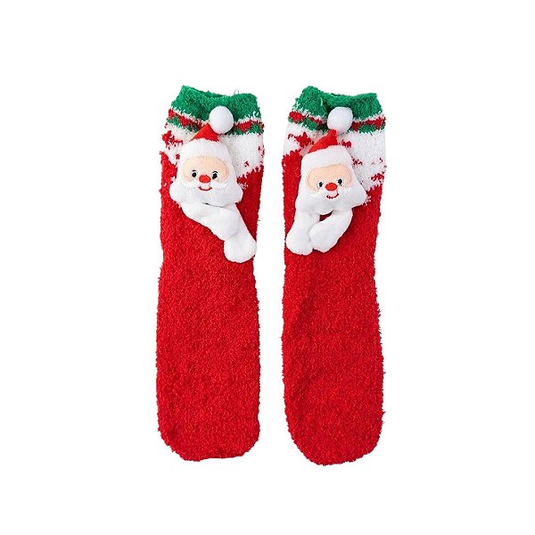 Meia Cano Médio Natalina Felpuda com Papai Noel 3D - Allmini