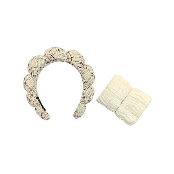 Kit Tiara e Munhequeira Make Care Puff Xadrez - Allmini