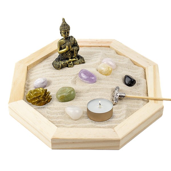 Jardim Zen Completo Buda Feng Shui Madeira Octagonal 18 cm