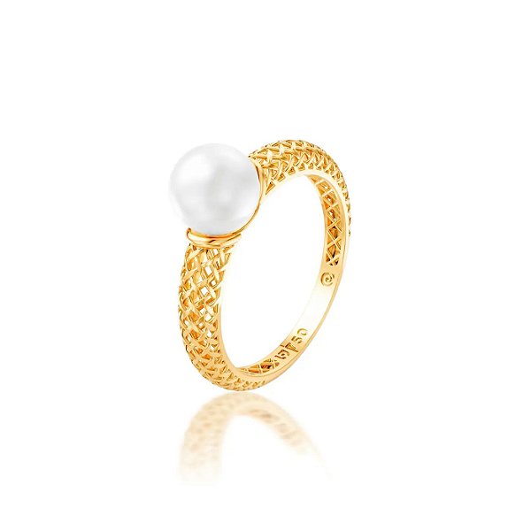 ANEL FILIGRANA TUBULAR EM OURO 18K COM PÉROLA 6,5MM
