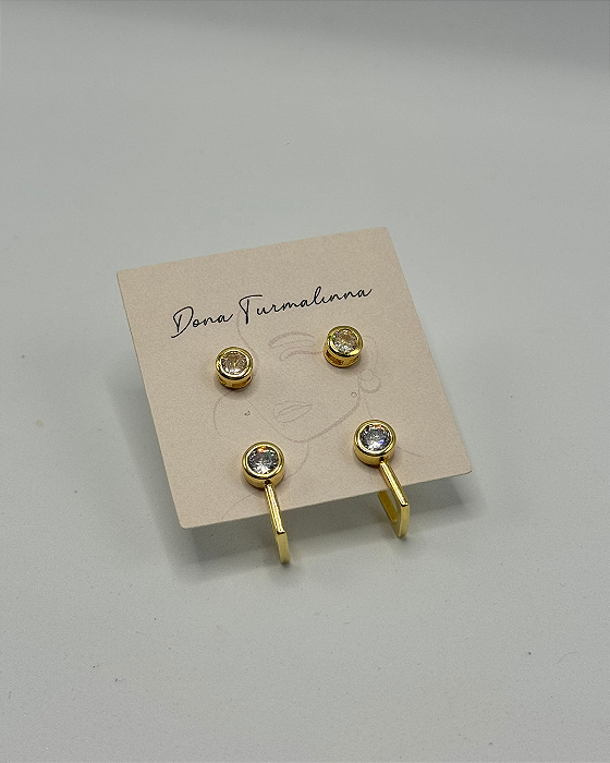 Brinco Duplo 1º e 2º furo zircônia banhado em ouro 18k