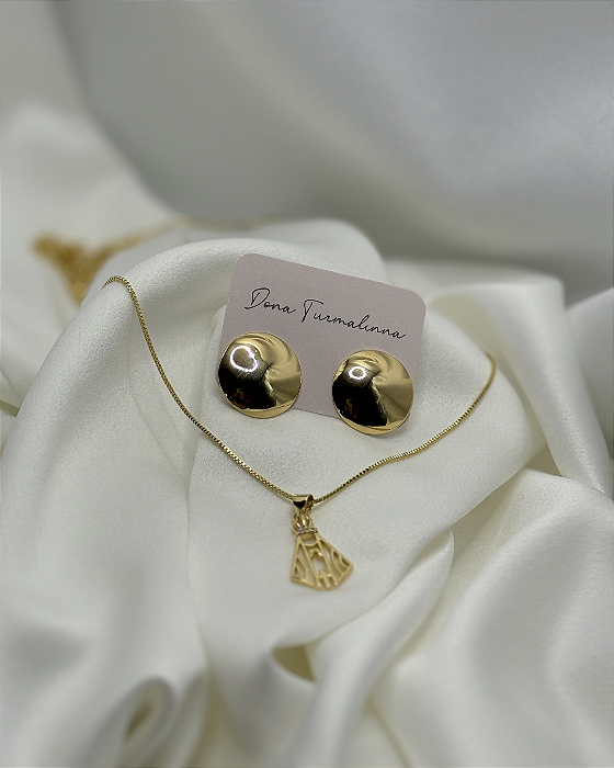 Colar Nossa Senhora + Brinco Botão Banhado em Ouro 18k