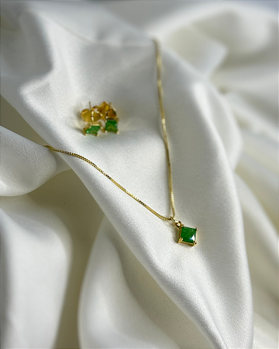 Conjunto Luxo Zircônia Verde em Ouro 18k