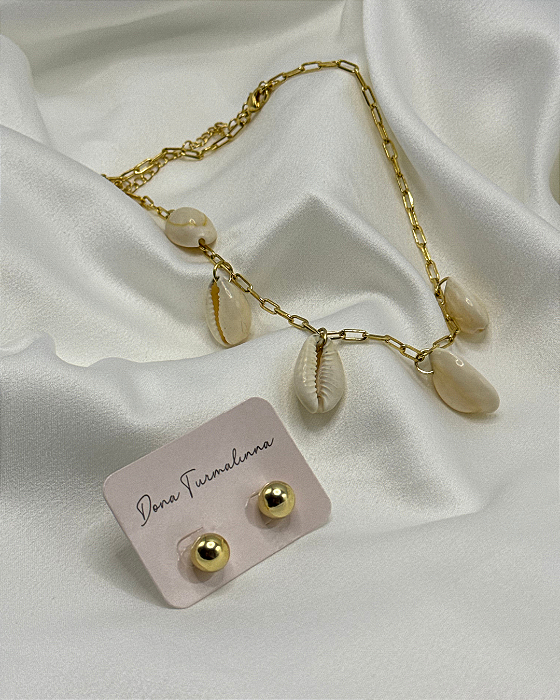 Brinco Bolinha + Colar Cartier Búzios banhado em ouro 18k