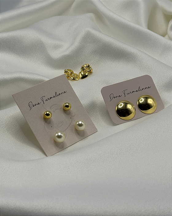 Dupla de Brincos Pérola Bolinha + Brinco Botão + Tarraxa Mágica banhado em ouro 18k