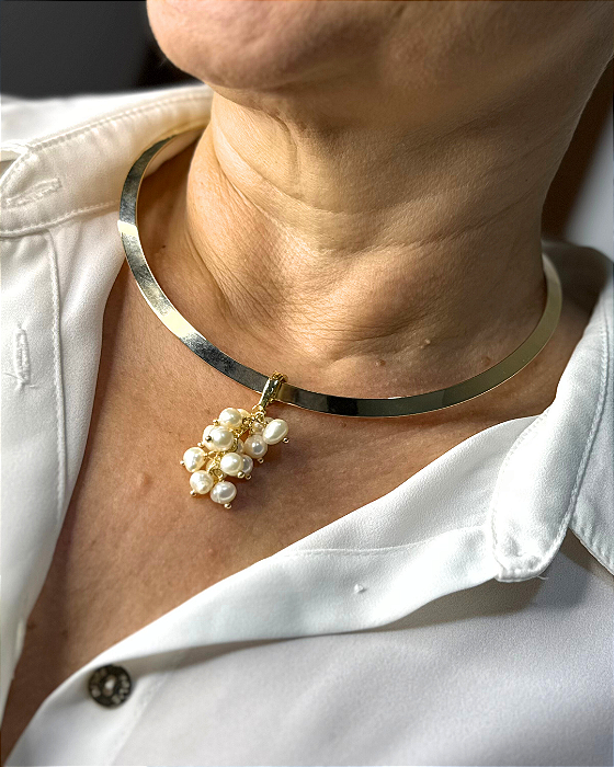 Aro Luxo com Pingente Pérolas Banhado em Ouro 18k