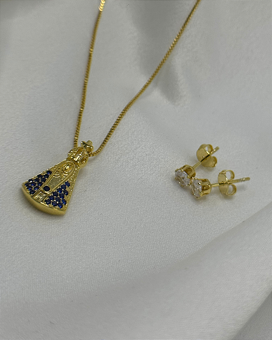 Conjunto Nossa Senhora Manto Zircônias Azuis Banho Ouro 18k