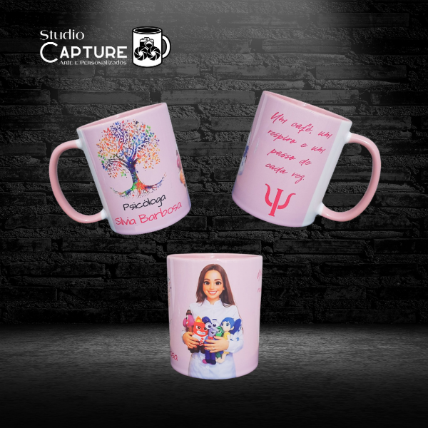 Caneca de Porcelana Colorida Rosa Psicóloga com Nome, Foto e Frase