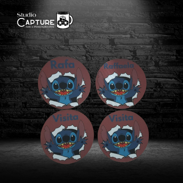 Kit com 4 Porta Copos Redondos Stitch Personalizados com Nome
