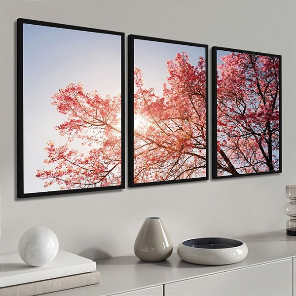 3 Quadros Arvore Flores Cerejeira Decoração Folhagem Moldura