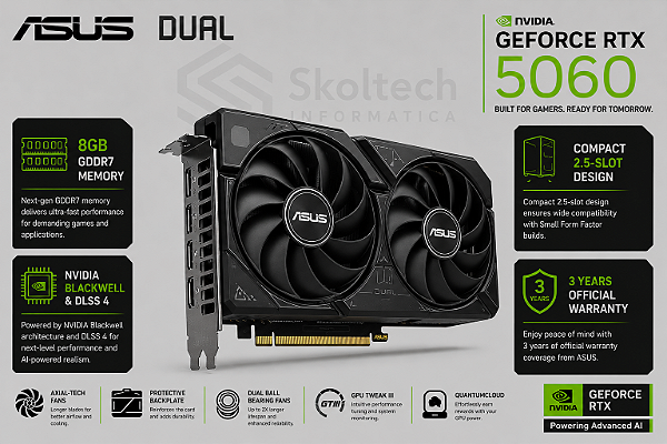 Placa De Video RTX 5060 Asus Dual 8GB GDDR7 SFF Ready Compact