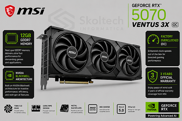 Placa De Video RTX 5070 Msi Ventus 3X MSI 12GB GDDR7 OC Tri Fan
