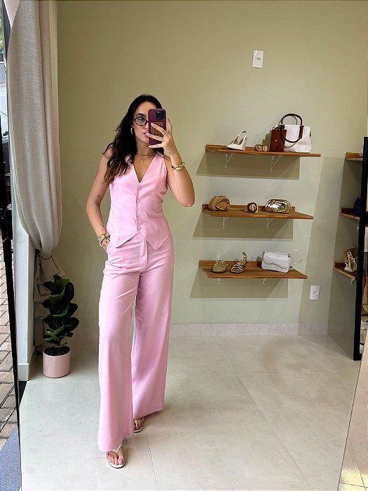 Calça de Linho Confortável e Estilosa Rosa - C1111