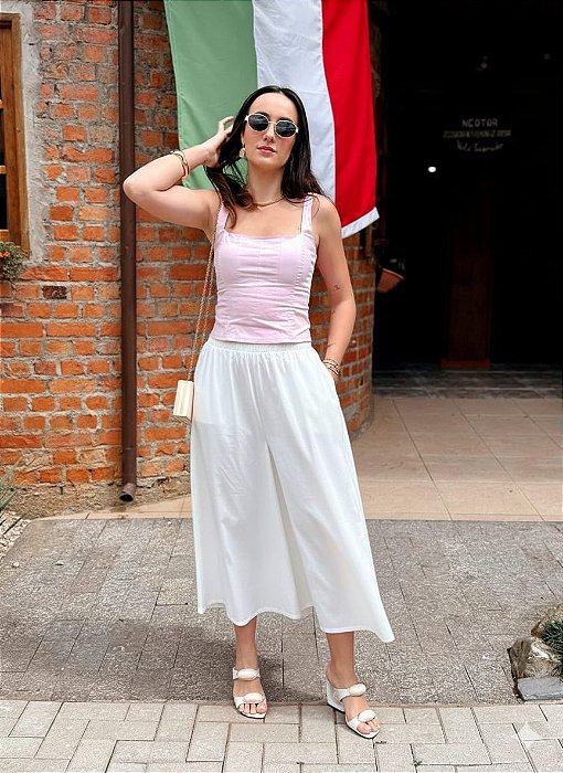 Saia Midi em Tricoline com Bainha Larga e Bolso - BRANCA