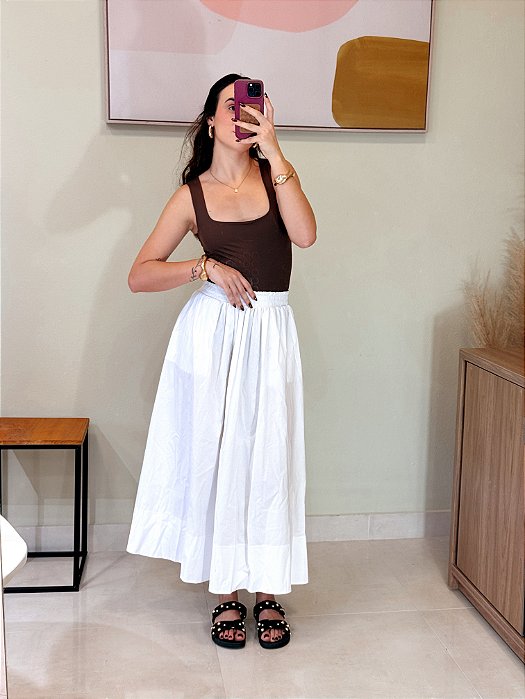 Saia Midi em Tricoline com Bainha Larga e Bolso - BRANCA