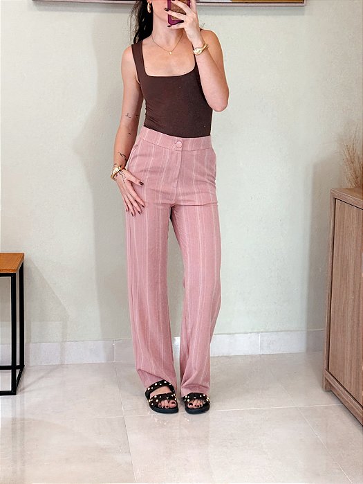 Calça Rosa Risca de Giz Alfaiataria Confortável - C9001