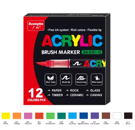 Kit de Canetas Acrílicas Brush Marker – 12 Cores