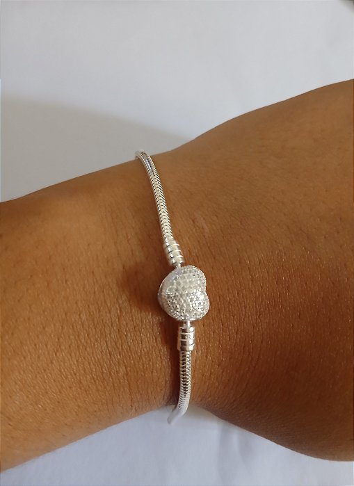 Pulseira Para Berloques Coração Cravejado em Prata 925