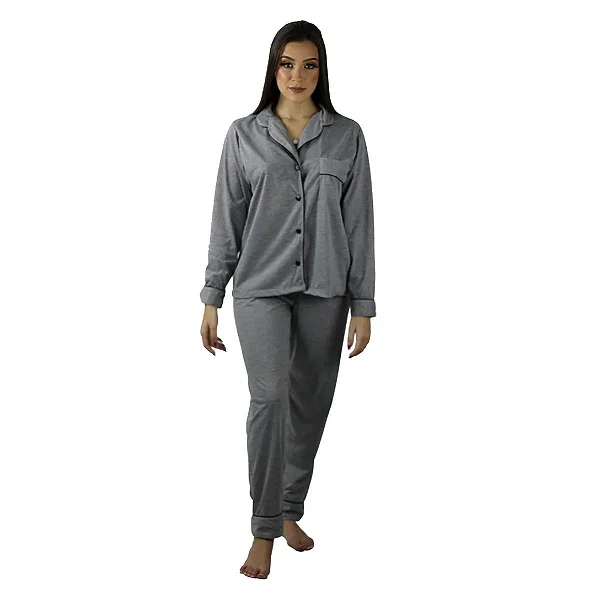 Pijama Feminino Inverno Adulto Americano Malha - Cinza
