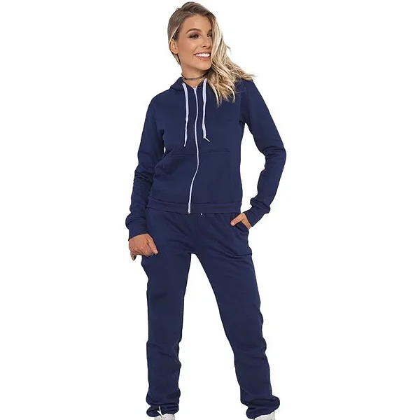 Conjunto Feminino Casaco Moletom Com Zíper + Calça Com Bolsos - Azul