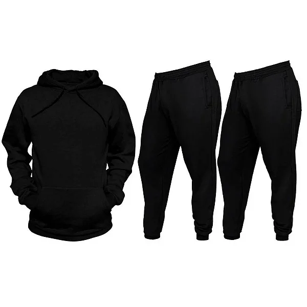 Kit Conjunto Inverno Moletom Canguru Unissex - Preto