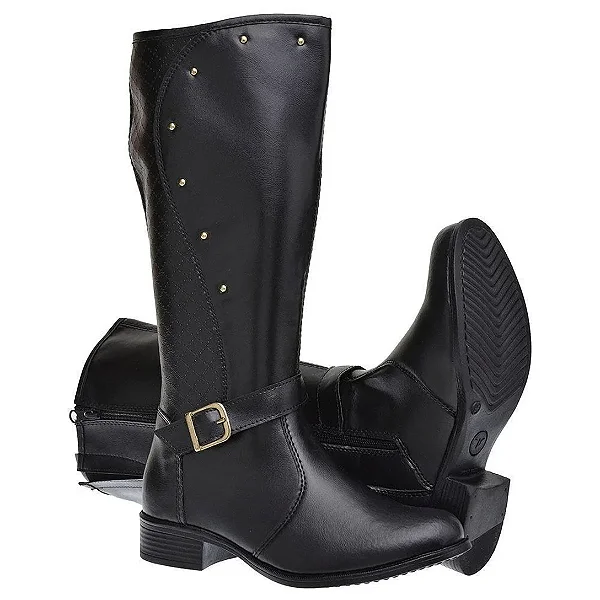 Bota Montaria Feminina em Couro Sintético - Cano Alto 221 - Preto