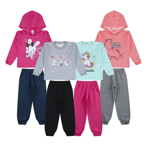 Kit 4 Conjuntos de Moletom Infantil com Capuz e Sem Capuz para Meninas