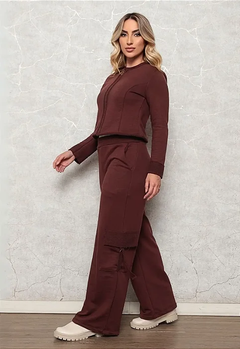 Conjunto Moletom Feminino Blusa Jaquetinha e Calça Pantalona Cargo