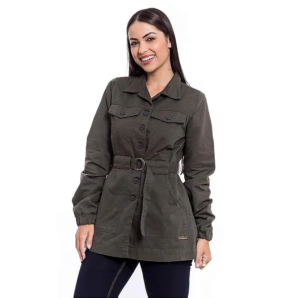 Jaqueta Parka Sem Elastano com Cinto - Verde Militar