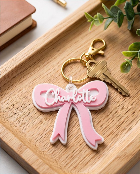 Chaveiro Personalizado 3D Laço Delicado com Nome em Alto-Relevo