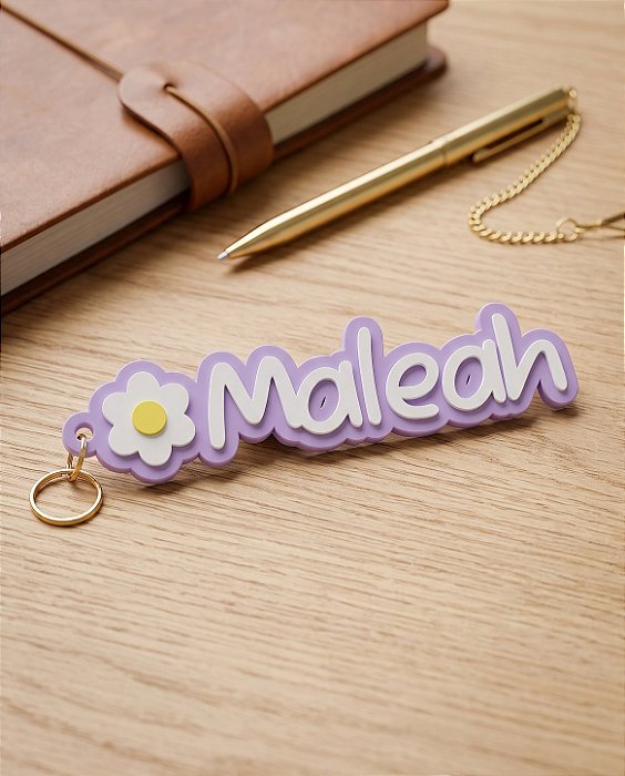 Chaveiro Personalizado 3D Nome Maleah com Flor Delicada