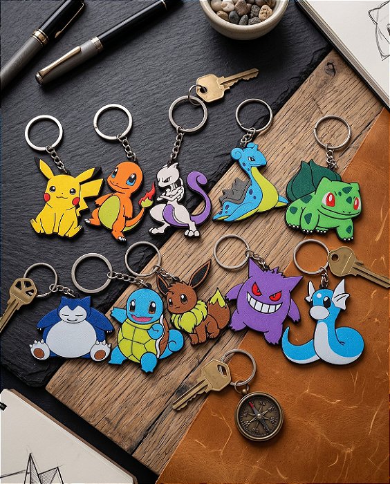 Chaveiros 3D Coleção Pokémon – Pikachu, Charmander, Squirtle, Bulbasaur e Amigos