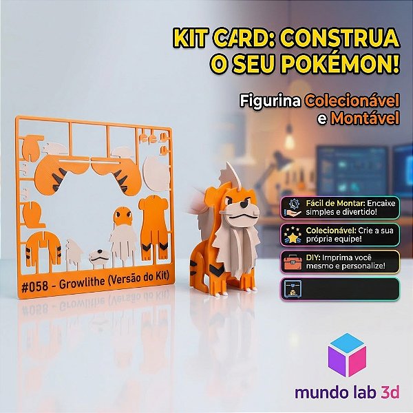 Kit Card 3D Pokémon Montável e Colecionável – Growlithe #058 (Mini Figurina DIY)