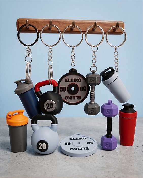 Kit Chaveiros Fitness 3D e Porta-Chaves Suporte de Parede | Coleção Gym