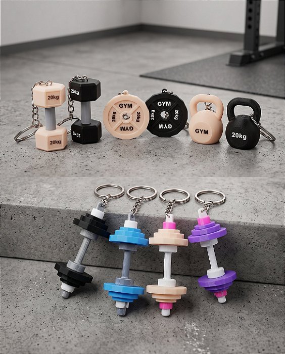 Chaveiros Fitness 3D Halter, Anilha e Kettlebell | Coleção Academia Gym