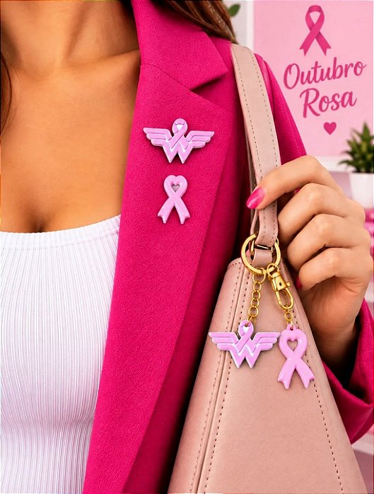 Chaveiro Outubro Rosa 3D – Laço de Conscientização e Mulher Maravilha (Brindes e Lembrancinhas)