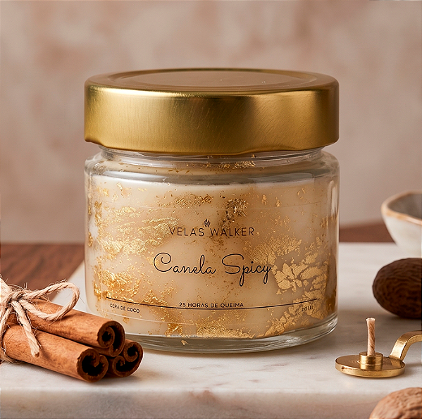 Vela Aromática de Canela Spicy Folheada 150g em Cera 100% Vegetal