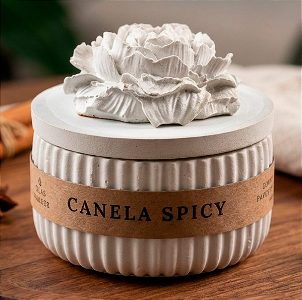Vela Canela Spicy Vaso Cimento Grande com Tampa Flor